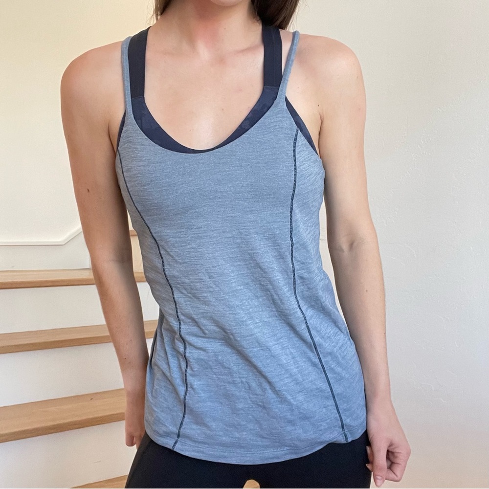 Lululemon Athletica Run For Gold Heathered Blue Denim Deep Navy Tank Top Size 8